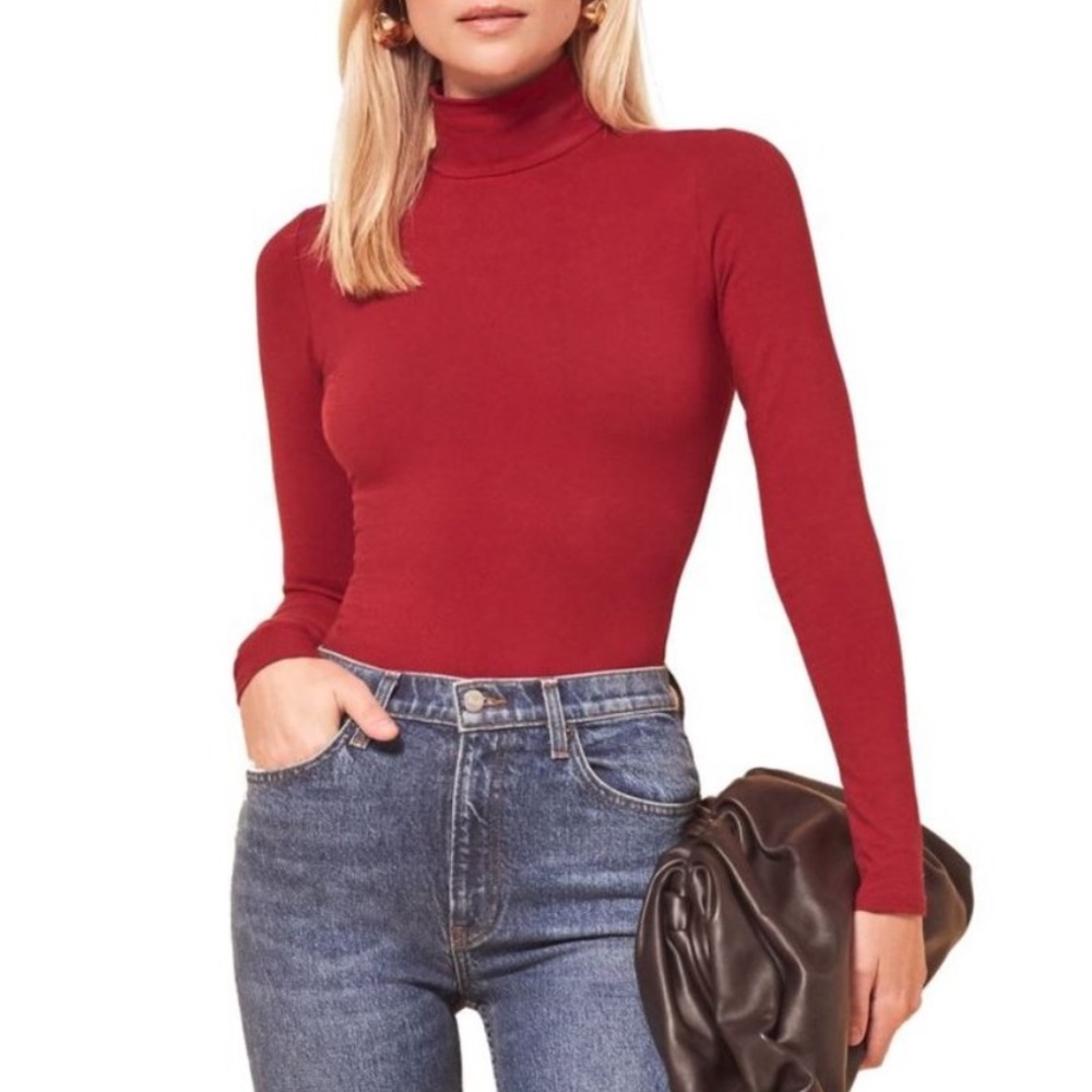 Reformation Jeans Navia Mock Neck Bodysuit in Red Size S